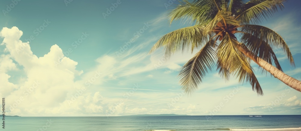 Aufkleber tropical beach scene with a palm tree under a blue sky and white clouds is a vintage-style image wit