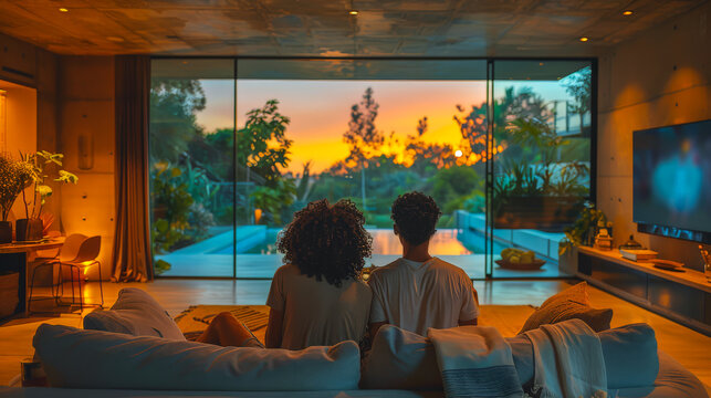 A serene image of two LGBTQ men sitting together on a couch, gazing at a stunning sunset through large glass doors.