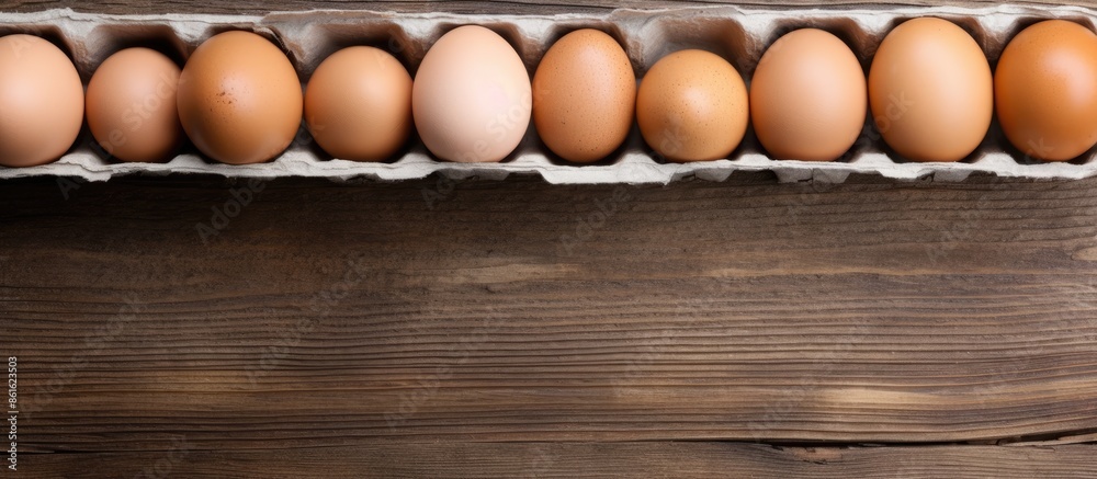 Poster overhead view of organic farm eggs in a cardboard box and raw scrambled eggs on a gray wooden table,