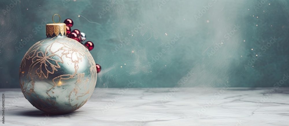 Poster vintage christmas tree ornament displayed on a marble backdrop with copy space image.