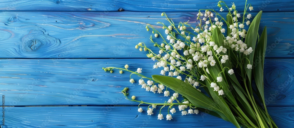Poster Bouquet of lily of the valley flowers displayed on a blue wooden table background with space for text or images. with copy space image. Place for adding text or design
