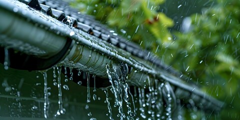 Overflowing rain gutter with water pouring out in abundance. Concept Overflowing Rain Gutter