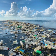 Plastic debris accumulates on the shoreline, illustrating pollution's impact on marine environments