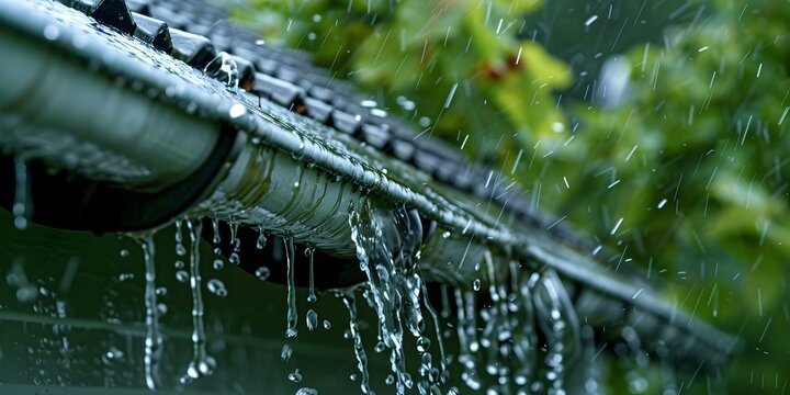 Overflowing rain gutter with water pouring out in abundance. Concept Overflowing Rain Gutter