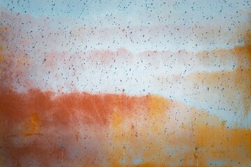 A painting with a blue background and orange and brown splatters