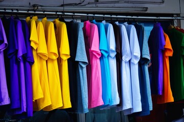 A rack of colorful shirts hanging in a store