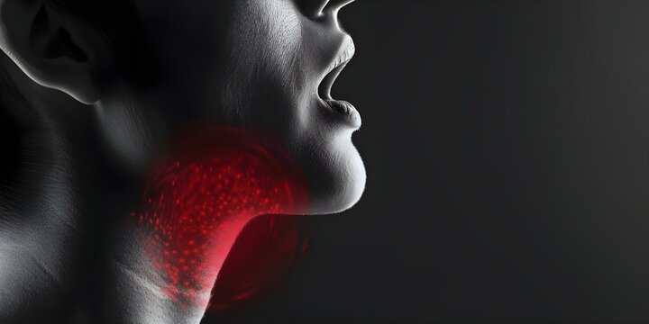 Red Sore Throat Closeup with Open Mouth on Black Background. Concept Sore Throat, Red, Closeup, Open Mouth, Black Background
