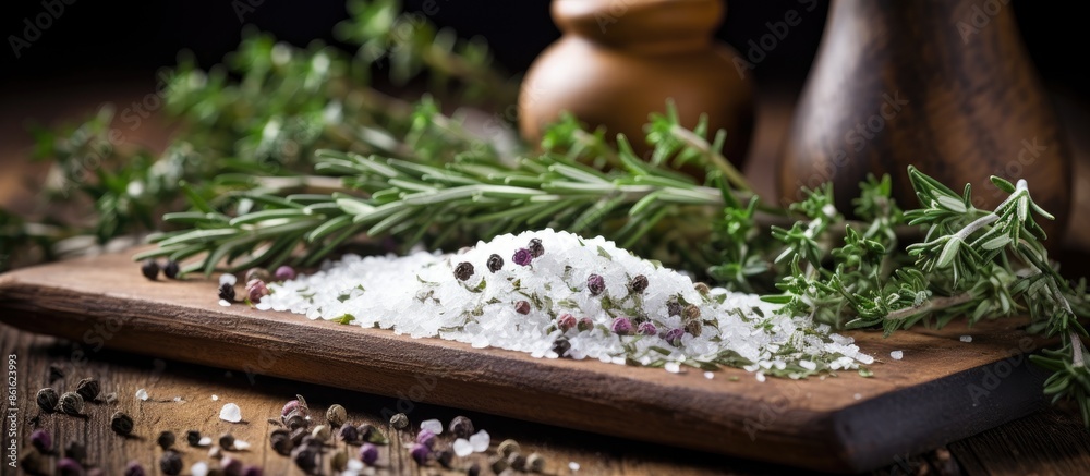 Aufkleber Aromatic thyme and peppercorns with sea salt on a rustic wooden board, providing a pleasing arrangement for a copy space image.