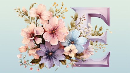 Floral letter E with pastel flowers and green leaves on a light blue background.