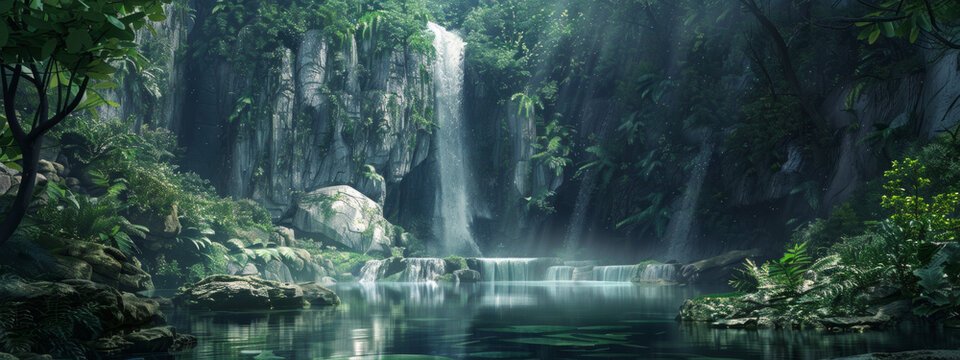 A dramatic waterfall, cascading down sheer cliffs into a crystal-clear pool below, surrounded by lush greenery and towering trees