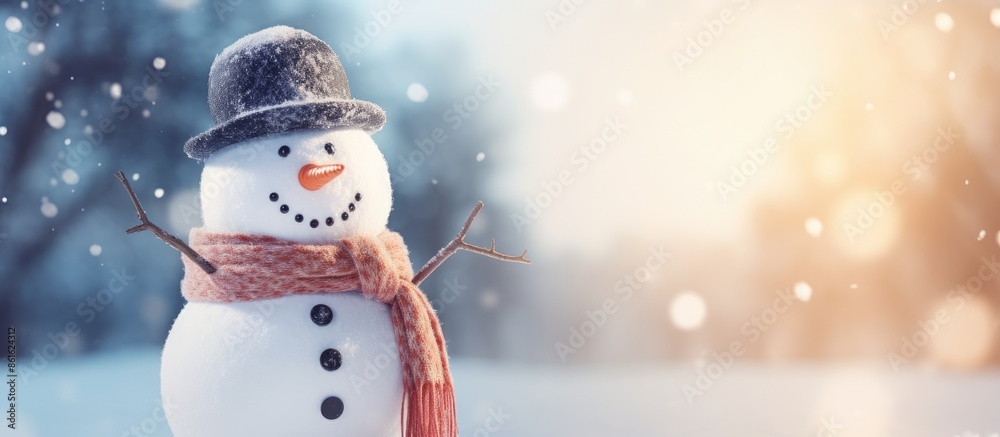 Poster Snowman wearing a hat and scarf in front of a blurred background with shallow depth of field, creating a copy space image.
