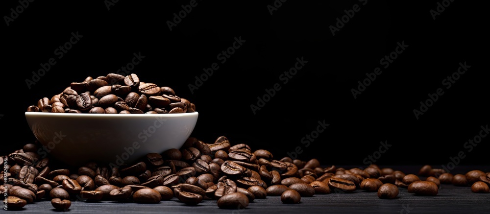 Wall mural Black coffee beans displayed against a black background with space for text or images. with copy space image. Place for adding text or design