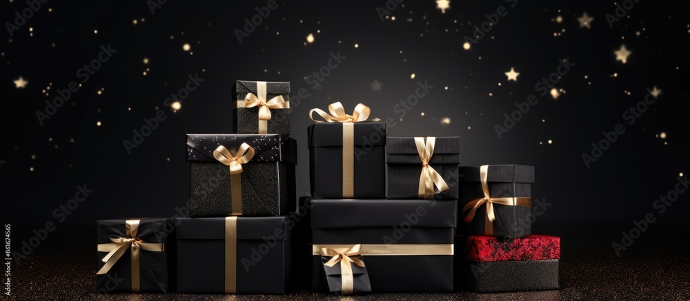 Poster christmas-themed concept with a stack of assorted-sized black gift boxes, providing copy space image