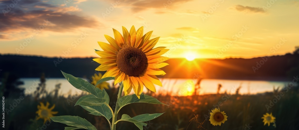 Poster a sunflower in a field at sunset, with a backlit setting, offering a scenic view with copy space ima