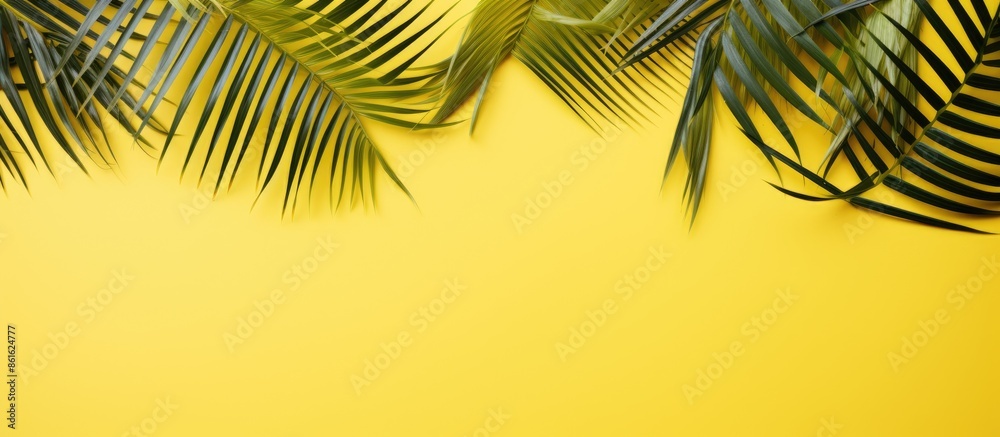 Aufkleber top view of tropical palm leaves on a sunny yellow backdrop creating a summery vibe with a flat lay 