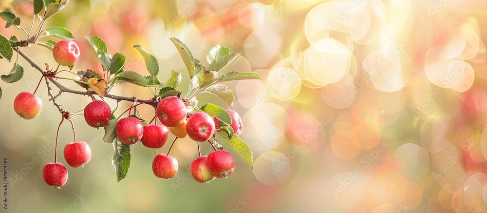 Poster Autumn-themed banner featuring a branch of a native apple tree with small red fruits on a blurred background for a copy space image.