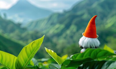 Whimsical garden gnome with red hat gazing at lush green mountain landscape under a serene sky.