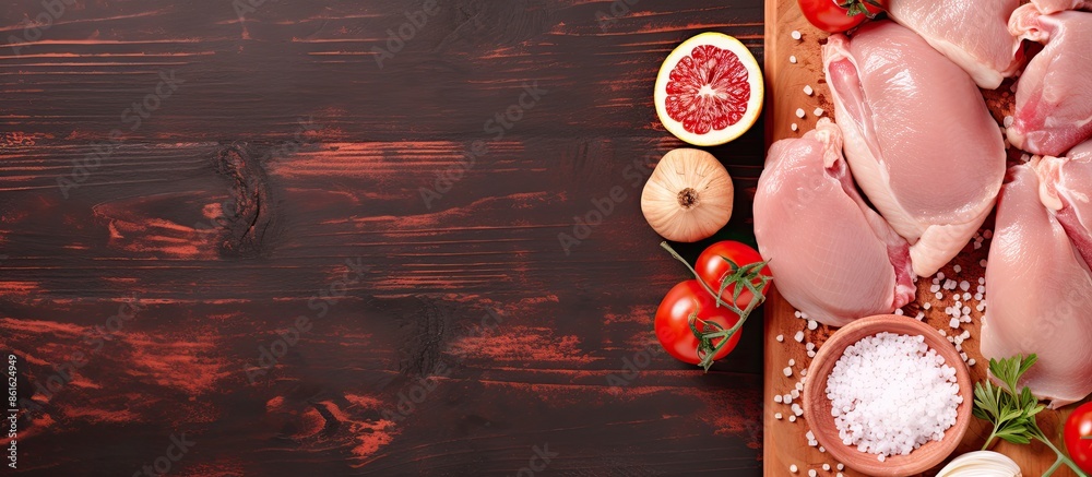 Leinwandbilder board with raw chicken meat on color background with copy space image.