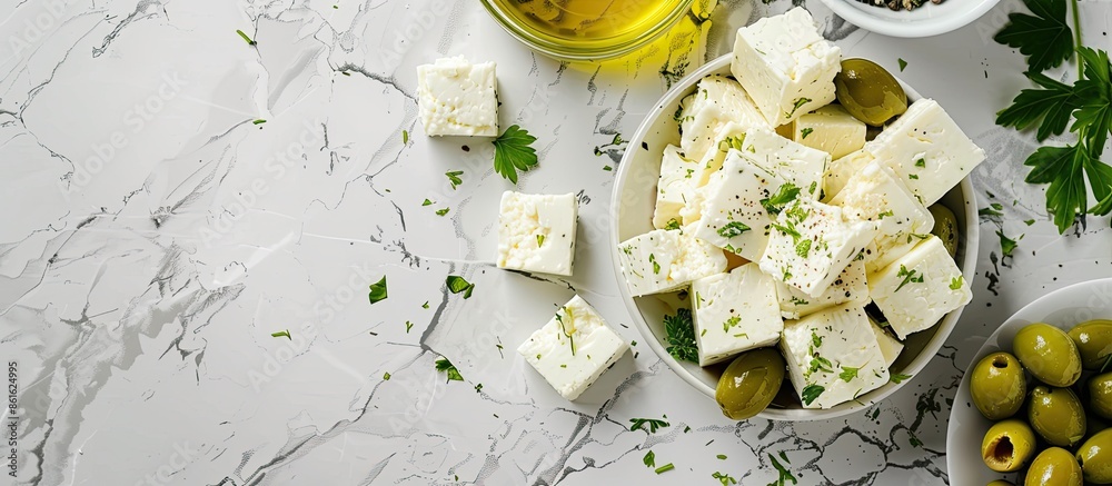 Poster Feta cheese with olives and green herbs on gray marble background. Copy space image. Place for adding text or design