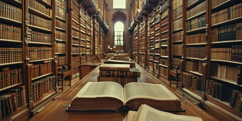 Academic Education: Old Book in Library with Stack of Literature for Learning Concept