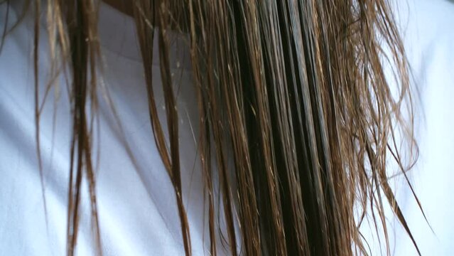 Woman combs through long wet hair to remove tangles and knots. Comb effortlessly parts through damp locks making hair sleek and smooth