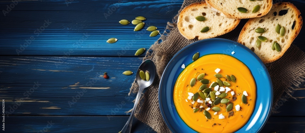 Poster a top view of pumpkin soup puree served in a blue plate on a wooden table. decorated with slices of 