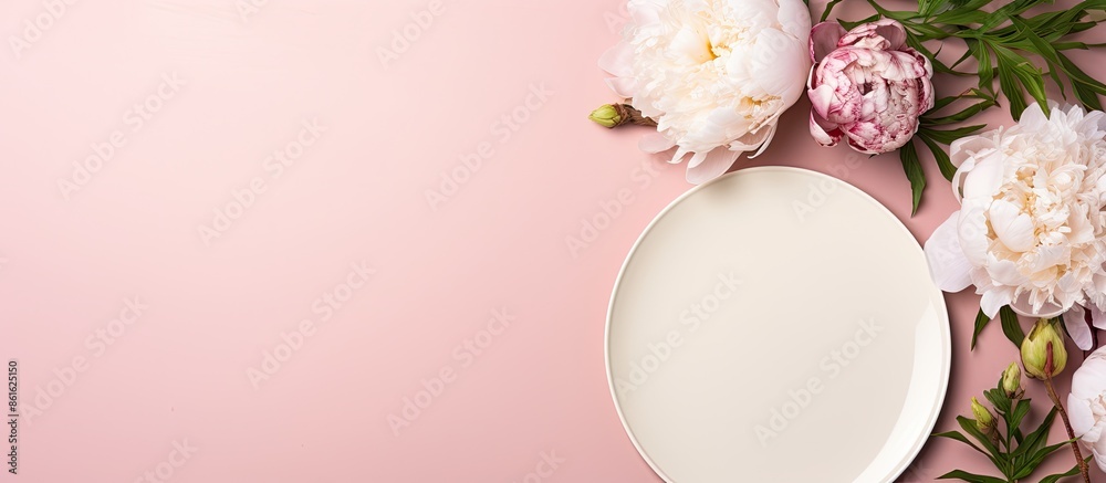 Aufkleber top view of white peonies and a plate on a pink background in a flatlay composition with copy space 