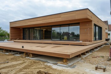 Wood Deck Construction on Flat Roof Garage: Activity in Beige and Brown Colors