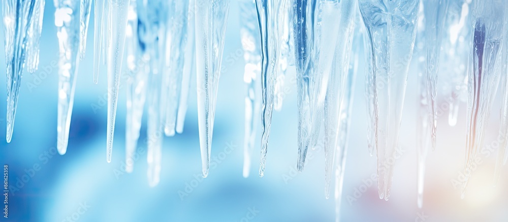 Aufkleber Nature background in light blue, featuring transparent icicles on snow, creating a refreshing, serene setting for copy space image with soft focus.