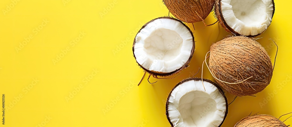 Aufkleber Top view of a pop art design with ripe coconuts on a yellow background, featuring a banner style with a minimal flat lay approach and copy space image.