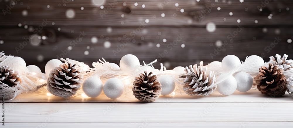 Poster white wooden table decorated with pine cones, creating a pure christmas ambiance with copy space ima