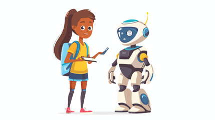 Student Girl Character Learning Robot. Friendly 