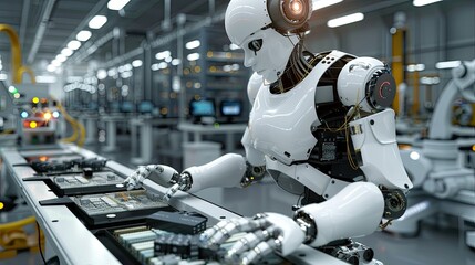 Fototapeta premium A humanoid robot assembling electronic components in a high-tech manufacturing facility