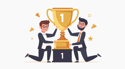 Successful Businessmen Stand on Knees Holding Huge 