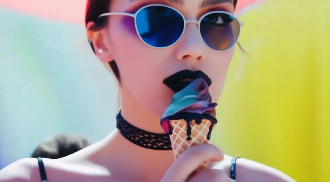 Girl With Black Glossy Lips Eating Galaxy Ice Cream, Pastel Goth Summer Aesthetic