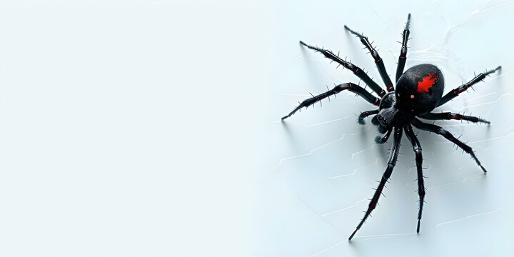 Black Widow Spider with Red Markings Spinning Web on White Background. Concept Animal Behavior, Wildlife Photography, Invertebrates, Arachnids, Nature Photography