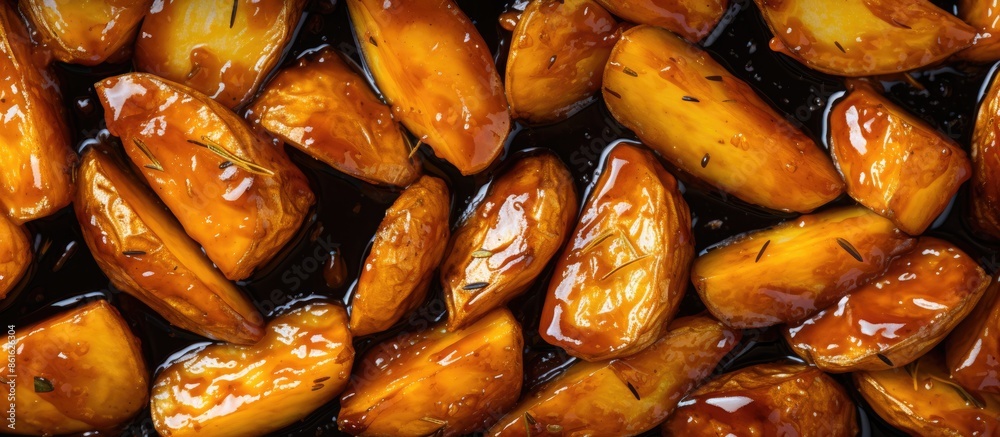 Aufkleber Bird's eye view of honey-glazed potatoes with a blank area for text or images. with copy space image. Place for adding text or design