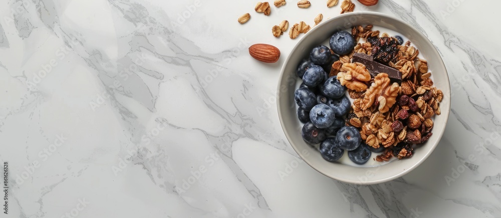 Poster granola, dark chocolate, nuts, blueberries in a bowl placed on a white marble surface providing a he