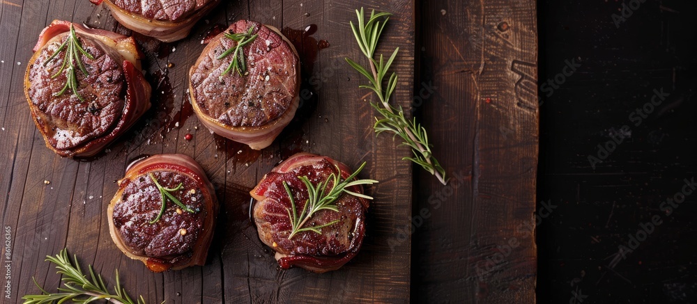 Aufkleber top view of bacon-wrapped beef tenderloin medallions on a dark butcher block, with copy space image.