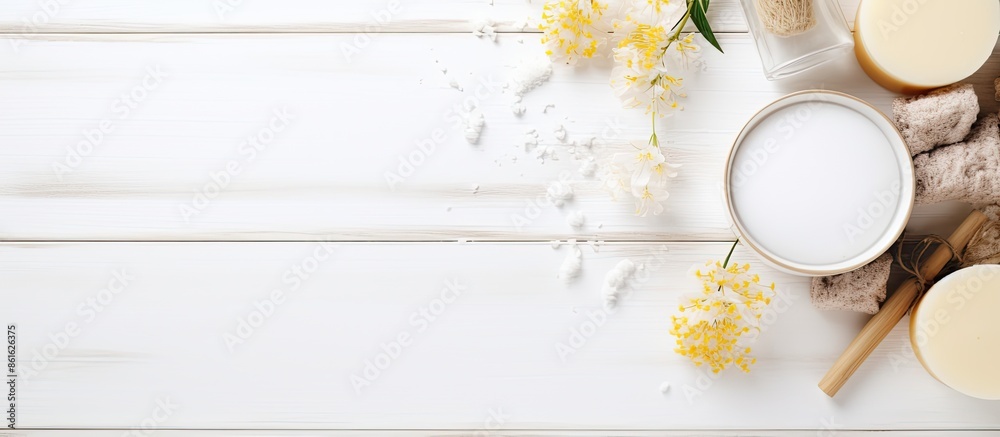 Poster flat lay composition of natural body care or bath products on a white wooden background with room fo
