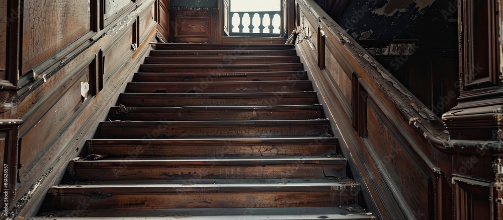 Poster a wooden stairway leading up in an old apartment building. with copy space image. place for adding t