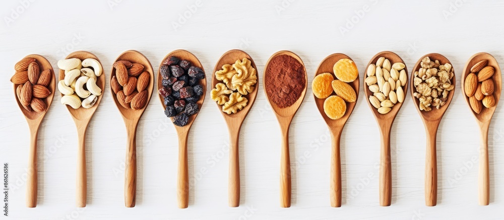 Fototapete various nuts and dried banana slices arranged on a wooden spoon displayed on a white kitchen counter