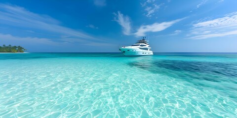Luxurious Yacht Anchored in Crystal-Clear Turquoise Waters Near Tropical Island. Concept Luxury Yachting, Tropical Paradise, Clear Turquoise Waters, Anchor Views, Exotic Escapes