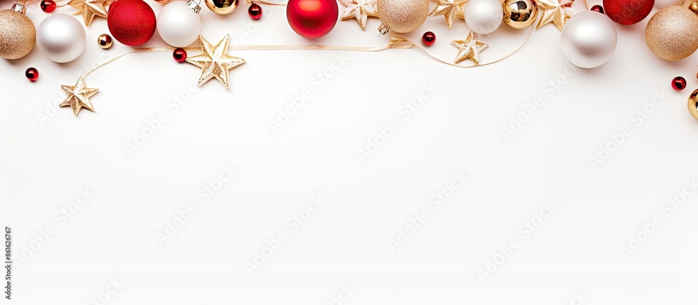 Poster top view of a christmas-themed background featuring ornaments and decorations on a white backdrop, a