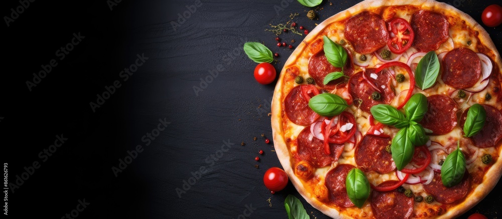 Leinwandbilder a delicious pepperoni pizza with fresh ingredients like tomatoes and basil displayed on a dark concr