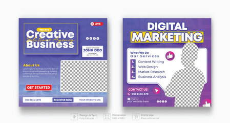Digital marketing agency social media post design template . Editable square banner design with place for the photo.