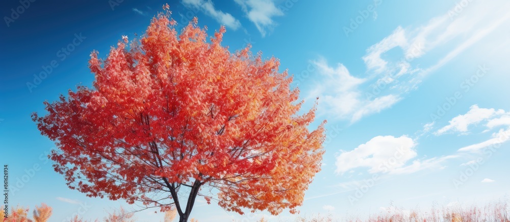 Poster autumn tree with red leaves against a backdrop of a blue sky, offering excellent copy space image.