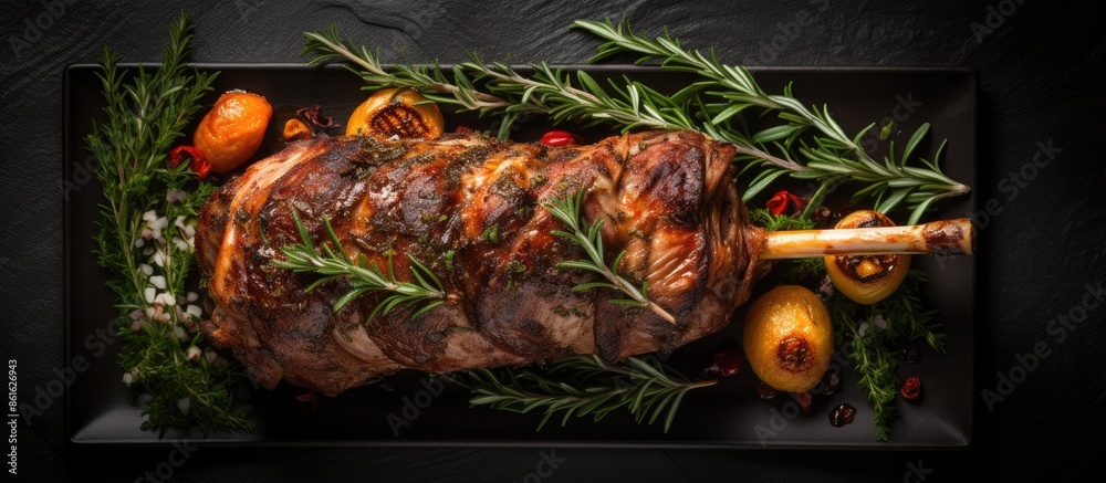 Poster Top view of an oven-baked lamb leg against a dark background with available copy space image.