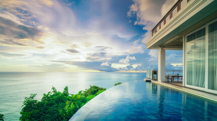 Fototapeta premium A luxurious hotel balcony with an infinity pool overlooking a serene ocean at sunset. The scene captures the elegance and tranquility of a perfect getaway, with modern architecture.
