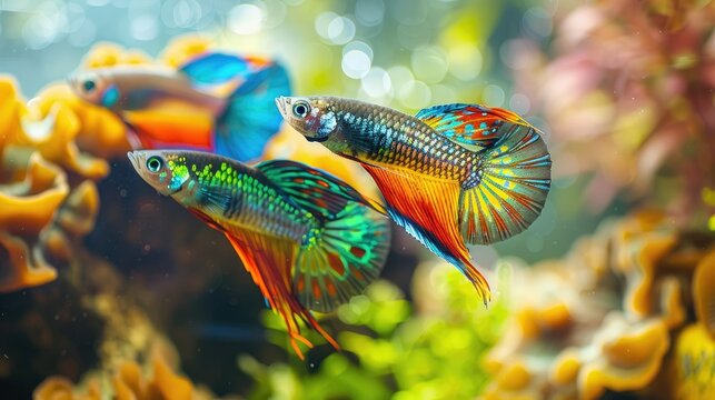A pair of vibrant guppies displaying colorful tails and patterns, in a lively freshwater aquarium setting